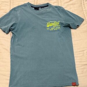 Superdry Men's Blue Tee with Bright Yellow Logo